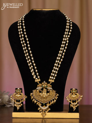 Pearl haaram radha krishna pendant with kemp and cz stones in pearl & golden beads hangings