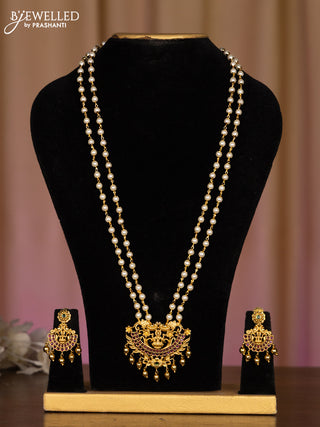 Pearl haaram lakshmi pendant with kemp stones in golden beads hangings
