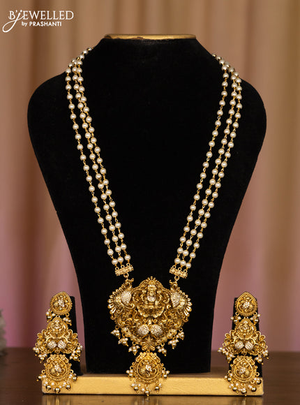 Pearl haaram lakshmi pendant with cz stones in pearl & golden beads hangings