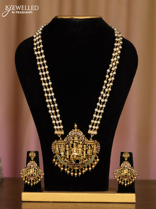Pearl haaram shivan parvathi pendant with kemp stones in golden beads hangings