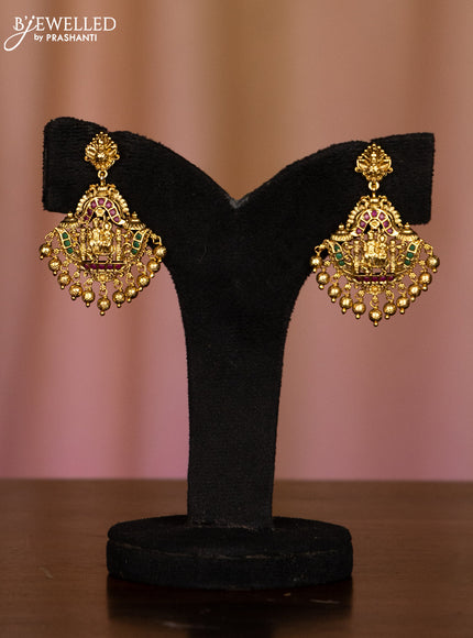 Pearl haaram shivan parvathi pendant with kemp stones in golden beads hangings
