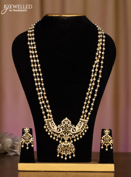Pearl haaram peacock design with kemp and cz stones and pearl hangings