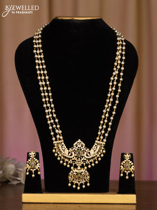Pearl haaram peacock design with kemp and cz stones and pearl hangings