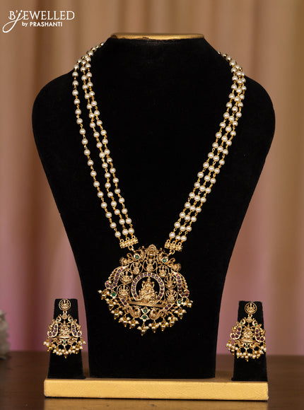 Pearl haaram lakshmi pendant with kemp stones in pearl & golden beads hangings