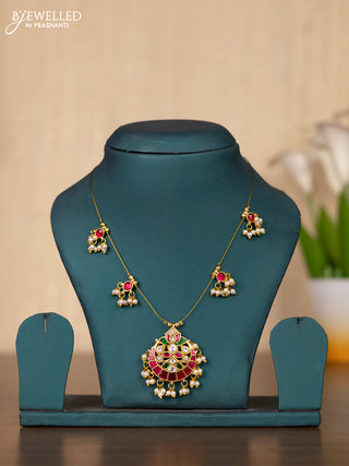 Invisible chain chandbali design with kemp jadau kundan stones and pearl hangings without earrings