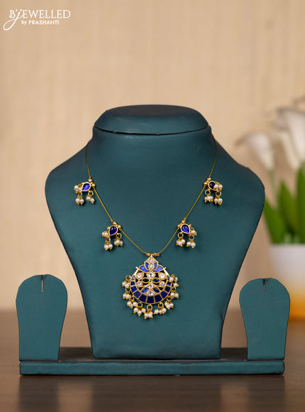 Invisible chain chandbali design with sapphire & kundan stones and pearl hangings without earrings