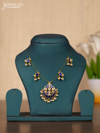 Invisible chain chandbali design with sapphire & kundan stones and pearl hangings without earrings