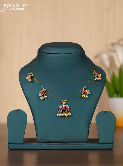 Invisible chain with pink kemp and kundan stones in pearl hangings without earrings
