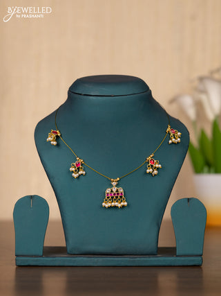 Invisible chain with pink kemp and kundan stones in pearl hangings without earrings