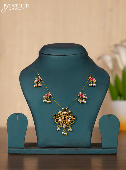 Invisible chain peacock design with kemp and kundan stones and pearl hangings without earrings