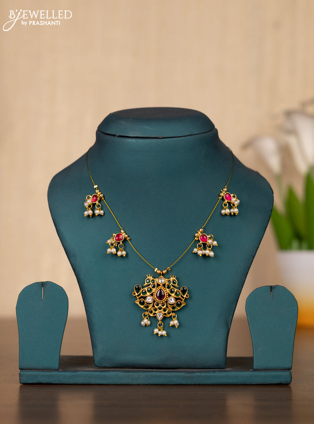 Invisible chain peacock design with kemp and kundan stones and pearl hangings without earrings