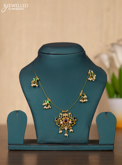 Invisible chain peacock design with kemp and kundan stones in pearl hangings without earrings