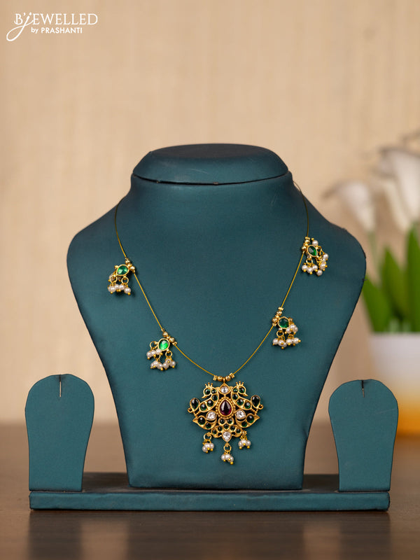 Invisible chain peacock design with kemp and kundan stones in pearl hangings without earrings