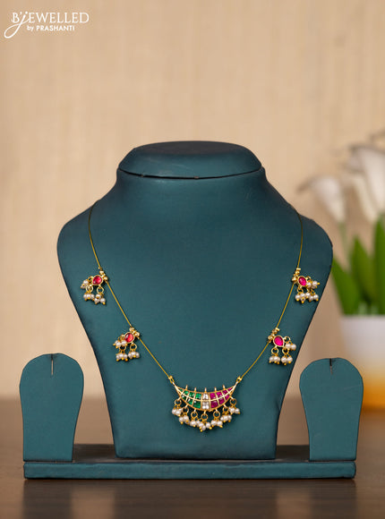 Invisible chain moon design with kemp and kundan stones in pearl hangings without earrings