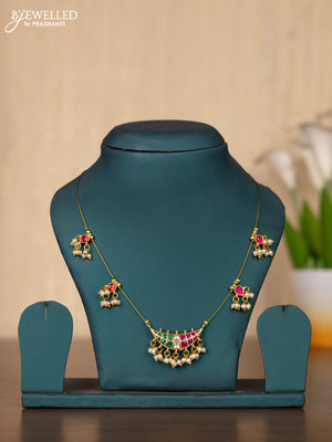 Invisible chain moon design with kemp and kundan stones in pearl hangings without earrings