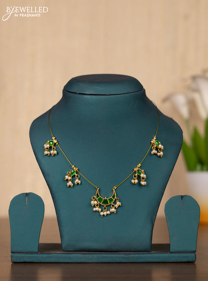 Invisible chain chandbali design with green kemp jadau stones in pearl hangings without earrings