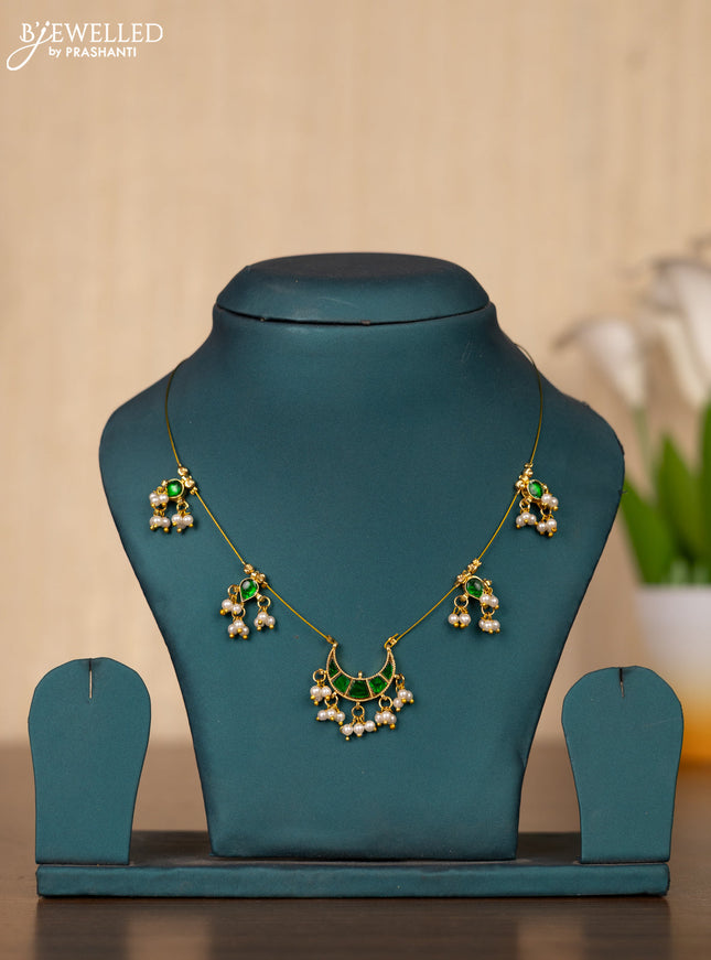 Invisible chain chandbali design with green kemp jadau stones in pearl hangings without earrings