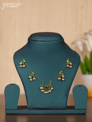 Invisible chain chandbali design with green kemp jadau stones in pearl hangings without earrings