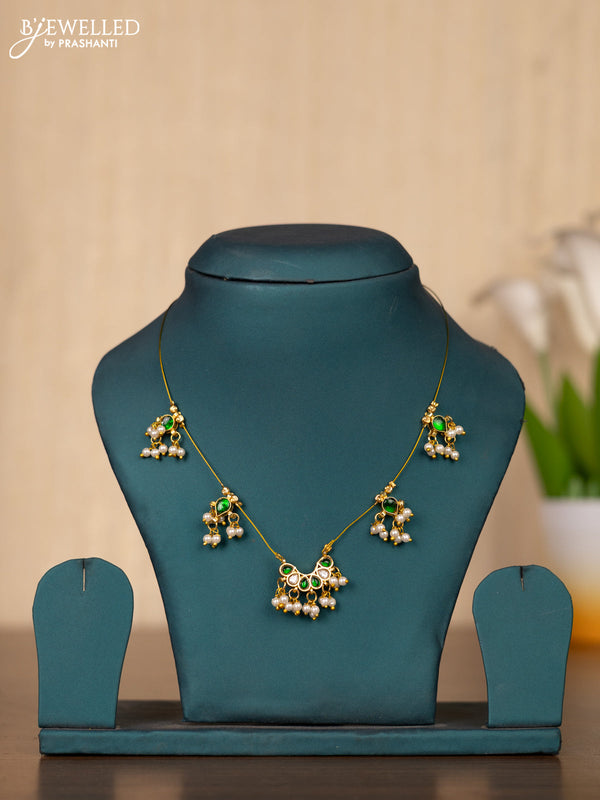 Invisible chain with green kemp jadau and kundan stones in pearl hangings without earrings