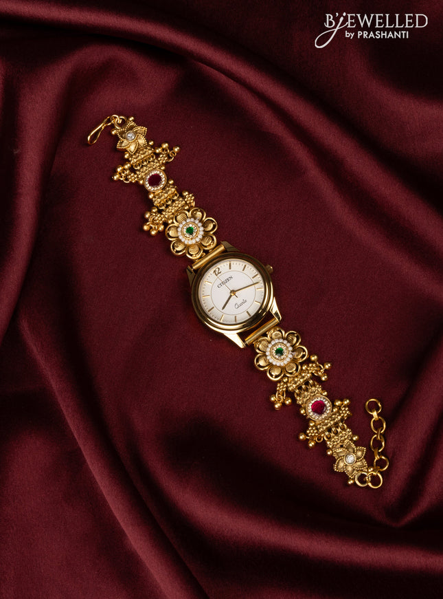 Watches with kemp jadau and kundan cz stones and golden beads hangings