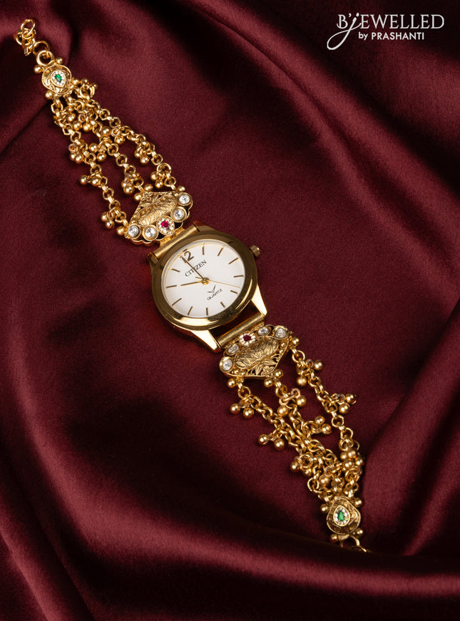 Watches with pink jadau and kundan cz stones in golden beads hangings