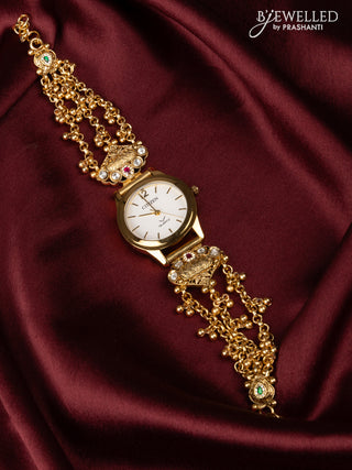 Watches with pink jadau and kundan cz stones in golden beads hangings