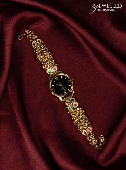 Watches with kemp jadau and cz stones in golden beads hangings