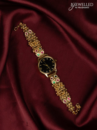 Watches with kemp jadau and cz stones in golden beads hangings