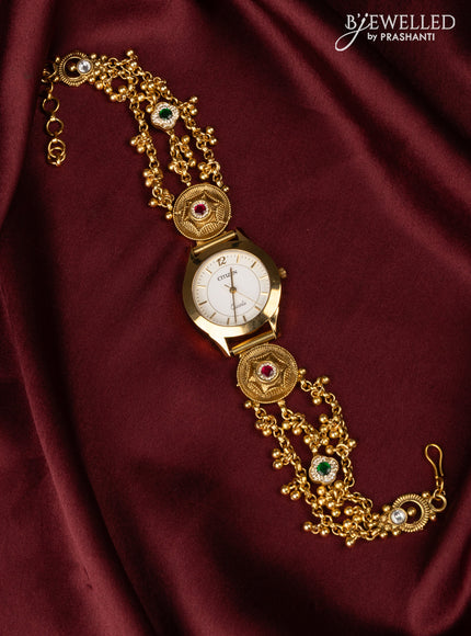 Watches with kemp jadau and cz stones in golden beads hangings
