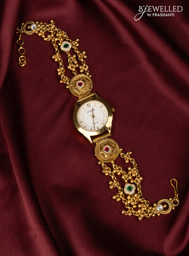 Watches with kemp jadau and cz stones in golden beads hangings