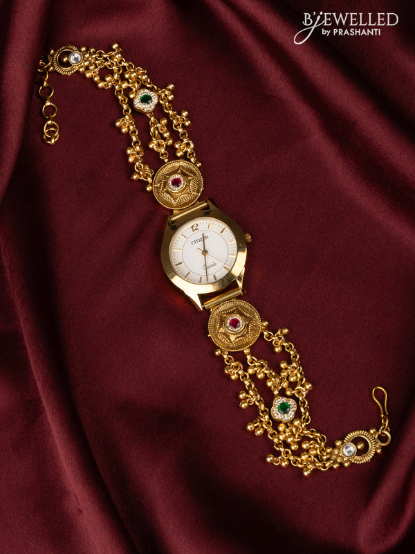 Watches with kemp jadau and cz stones in golden beads hangings
