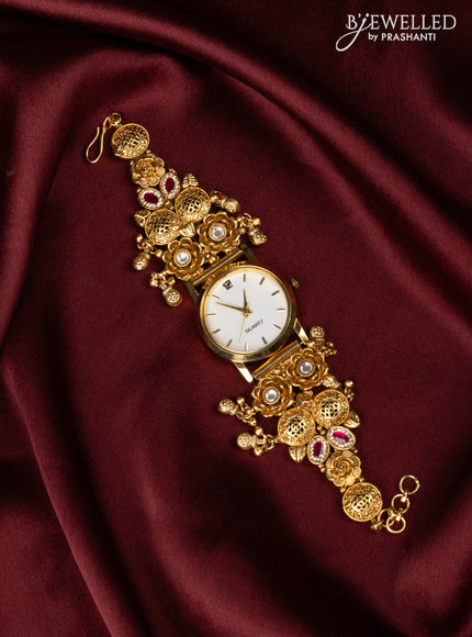 Watches floral design with pink jadau and kundan cz stones in golden beads hangings