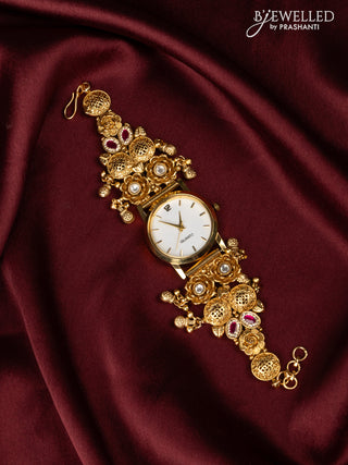 Watches floral design with pink jadau and kundan cz stones in golden beads hangings
