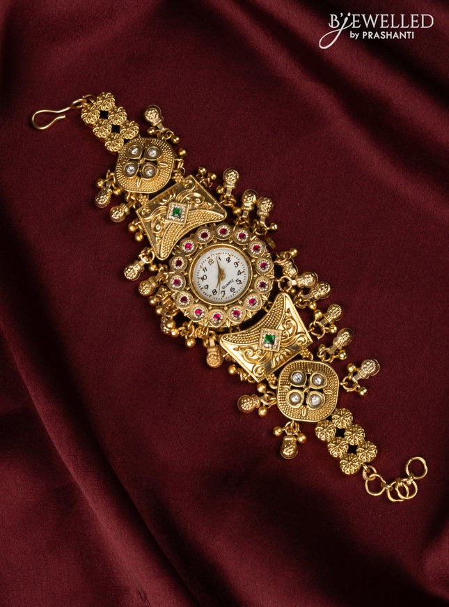 Watches with kemp jadau and kundan cz stones in golden beads hangings