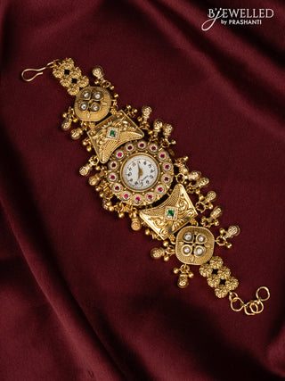 Watches with kemp jadau and kundan cz stones in golden beads hangings