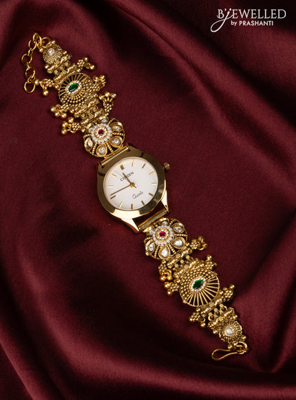 Watches with kemp jadau and kundan cz stones in golden beads hangings