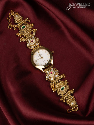 Watches with kemp jadau and kundan cz stones in golden beads hangings