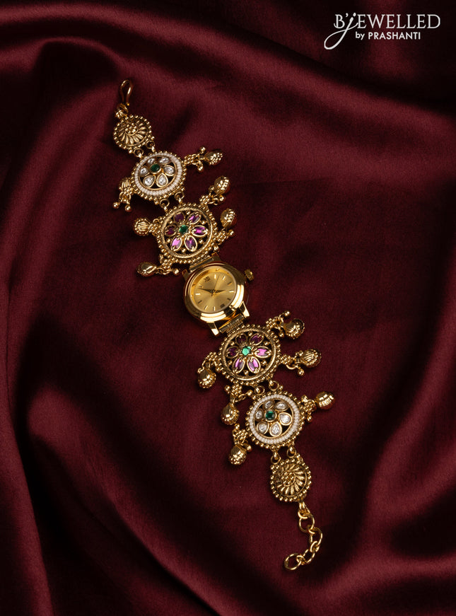 Watches with kemp and kundan stones in golden beads hangings