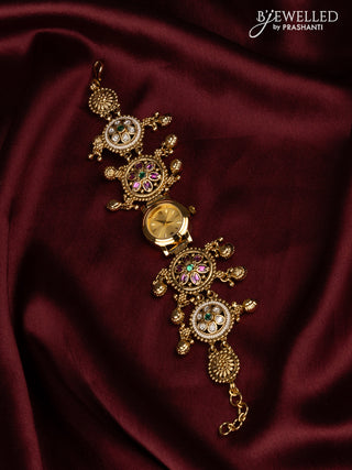 Watches with kemp and kundan stones in golden beads hangings
