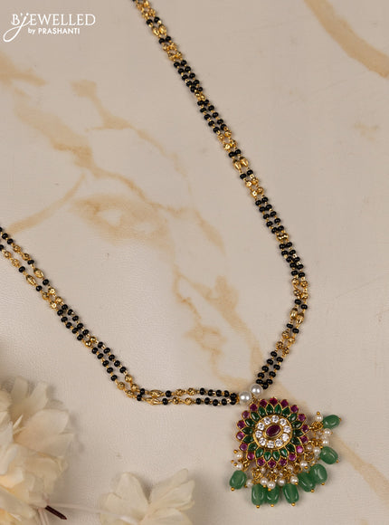 Mangalsutra double layer with kemp and cz stones in pearl & mint green beads hangings
