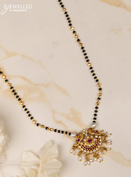 Mangalsutra peacock design with ruby and cz stones in pearl hangings