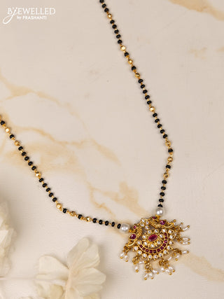 Mangalsutra peacock design with ruby and cz stones in pearl hangings