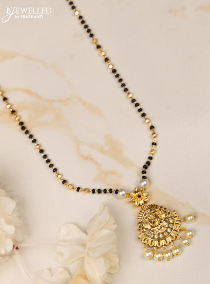 Mangalsutra with lakshmi pendant and kemp and cz stones in pearl hangings