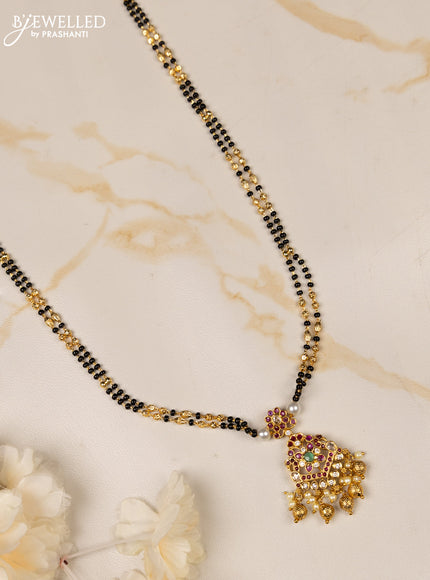 Mangalsutra double layer with kemp and cz stones in pearl & golden beads hangings