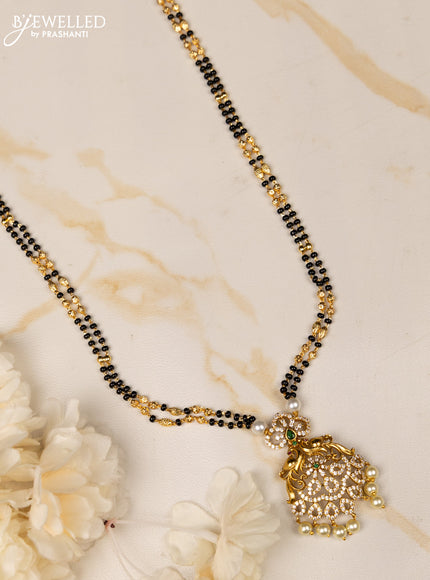 Mangalsutra peacock design with kemp and cz stones in pearl hangings