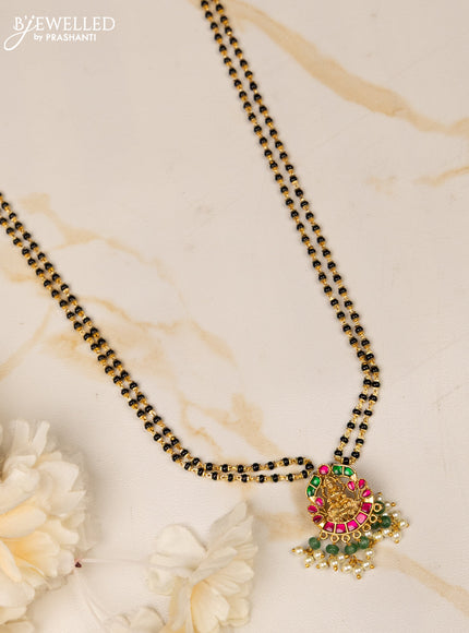 Mangalsutra double layer with lakshmi pendant and kemp jadau stones in pearl hangings