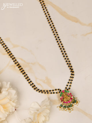 Mangalsutra double layer with lakshmi pendant and kemp jadau stones in pearl hangings