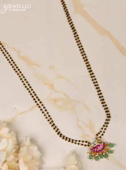 Mangalsutra double layer annam pendant with pink jadau and cz stones in pearl & mint green beads