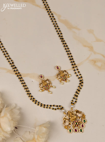 Mangalsutra double layer lakshmi pendant with kemp and cz stones in hangings