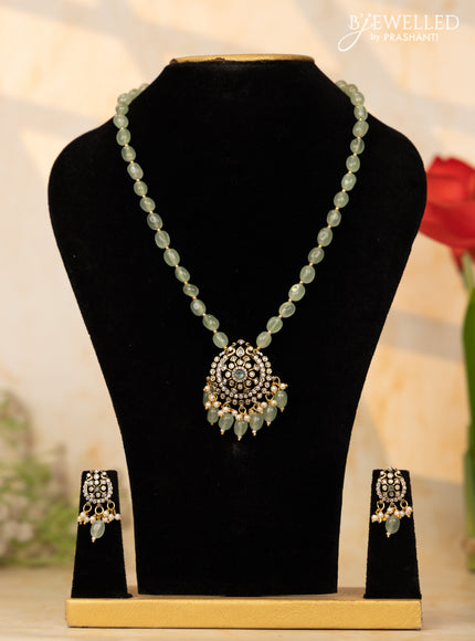 Beaded mint green necklace with cz stones and pearl & beads hangings in victorian finish